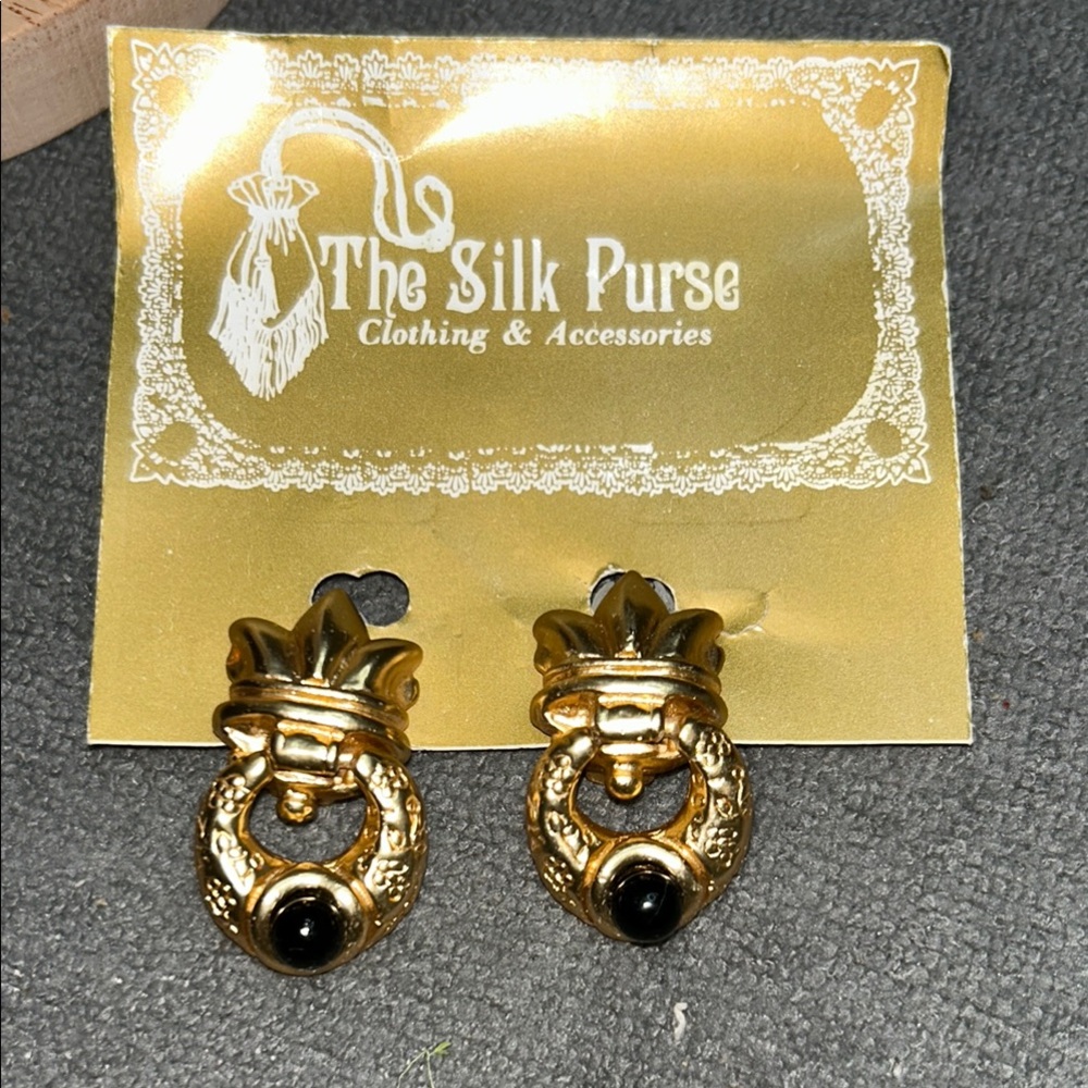 Vintage Ornate Gold Drop Earrings with Black Accents